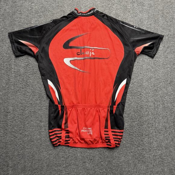 Cheji Cycling Jersey Men's Medium Red Praising Life Full Zip Racing Short Sleeve - Picture 3 of 5